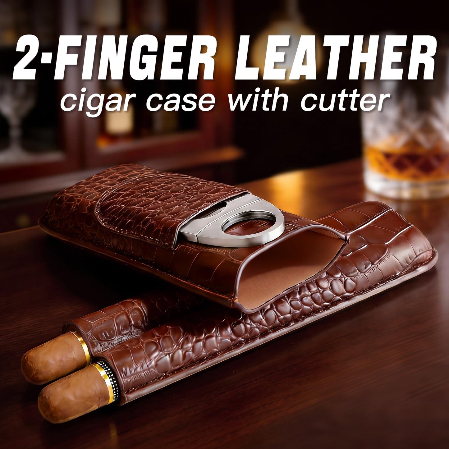 cgaplus 2-Finger Cigar Case with Cutter Crocodile Pattern Leather Cigar Humidor Case Portable Travel Cigar Case for Men(Brown)