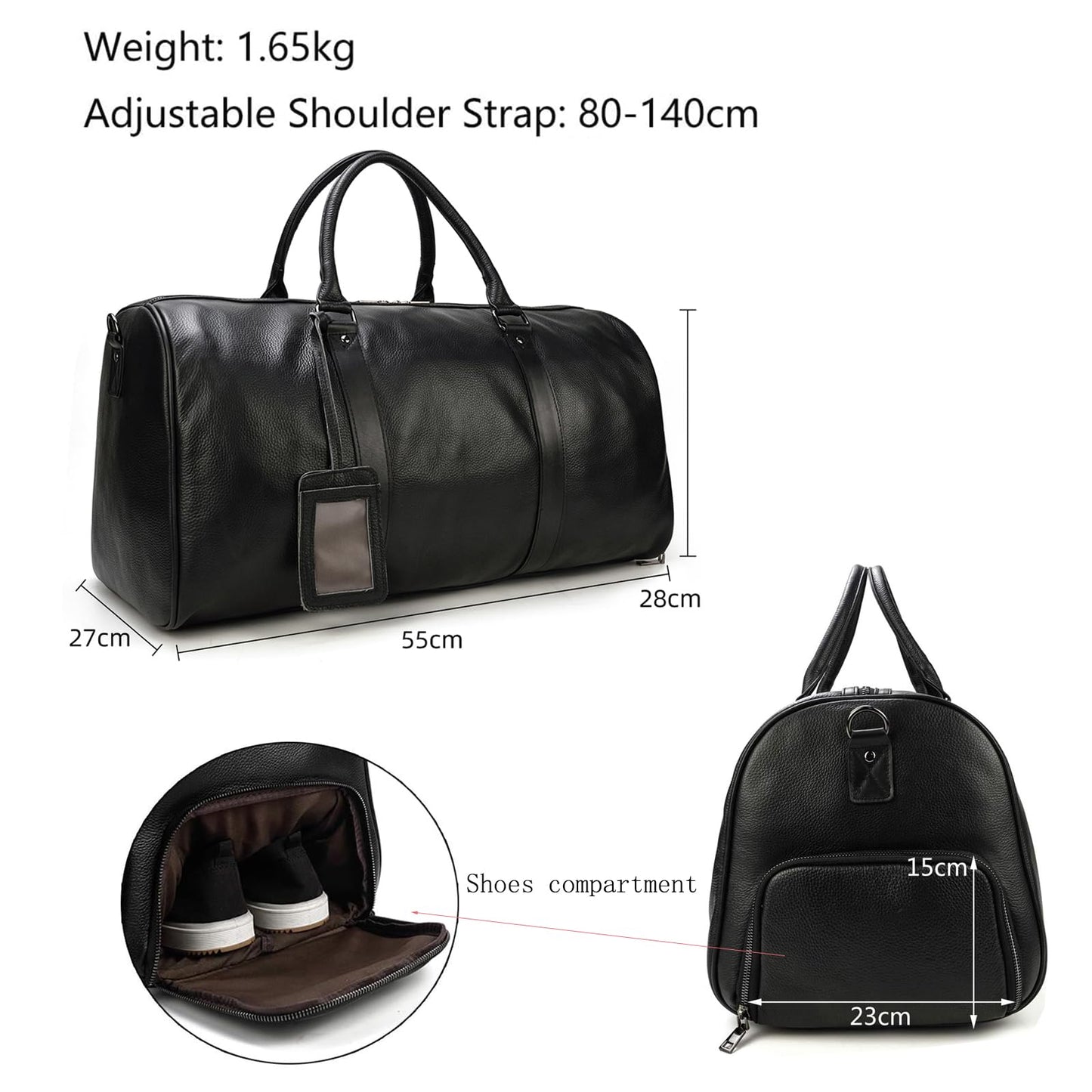 LUUFAN Leather Travel Bag Large Capacity Luggage Duffel Bag with Shoe Compartment, Men Women Weekend Shoulder Handbag for Holiday Business Trip (55cm-Black)