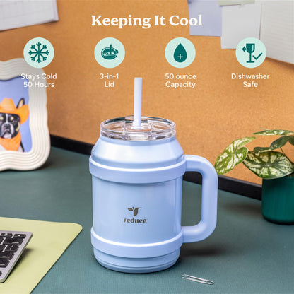 REDUCE Cold1 50 oz Reusable Mug Tumbler with Handle - Insulated Stainless Steel Water Bottle for Home, Office and Gym; Straw or Leakproof Flip Lid, Keeps Drinks Ice Cold All Day - Gloss Sedona