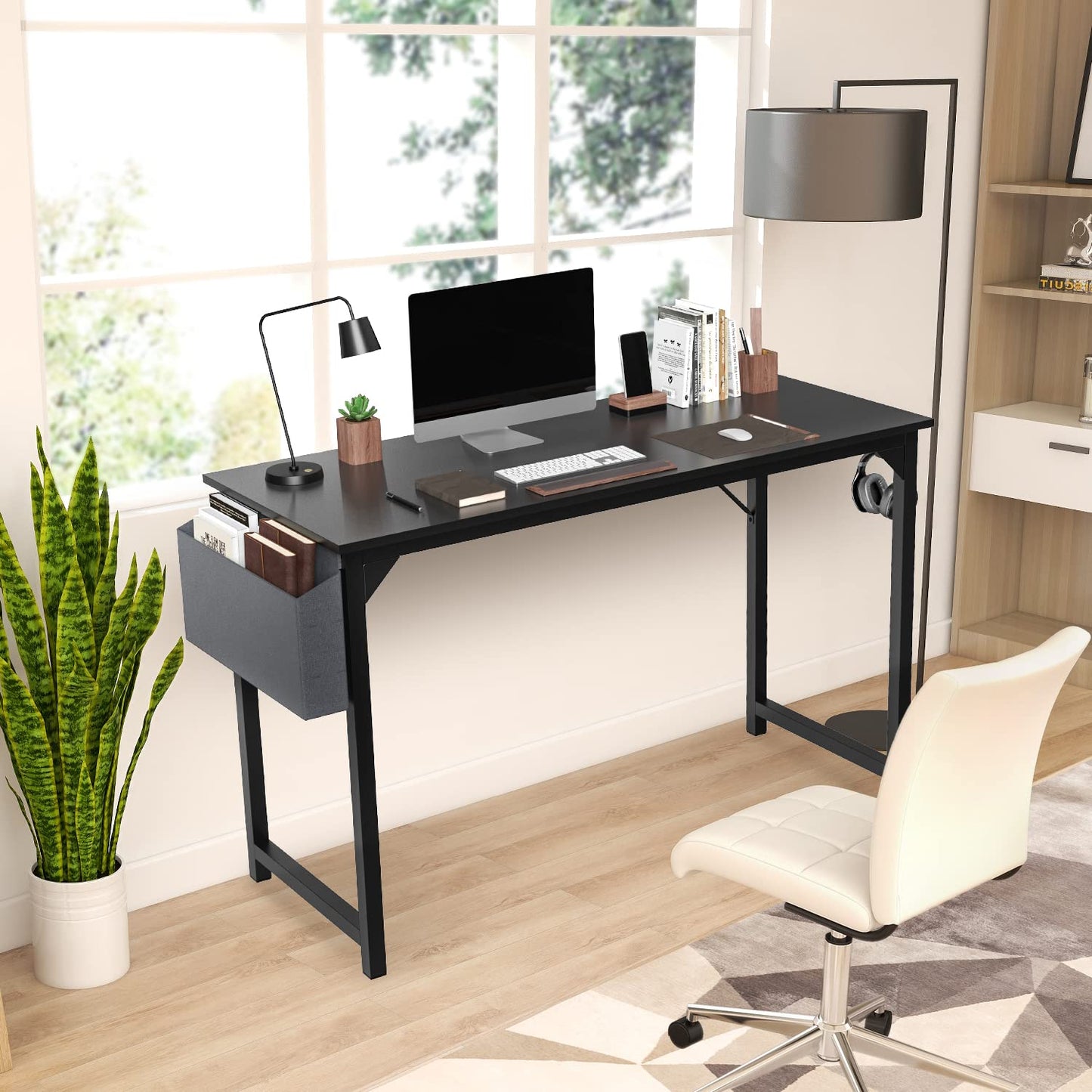 OLIXIS Computer Office Desk, 48 Inch Writing Work Study PC Wood Modern Desk with Storage Bag & Headphone Hook Simple Bedroom for 2 Person Kids Student Table, Black