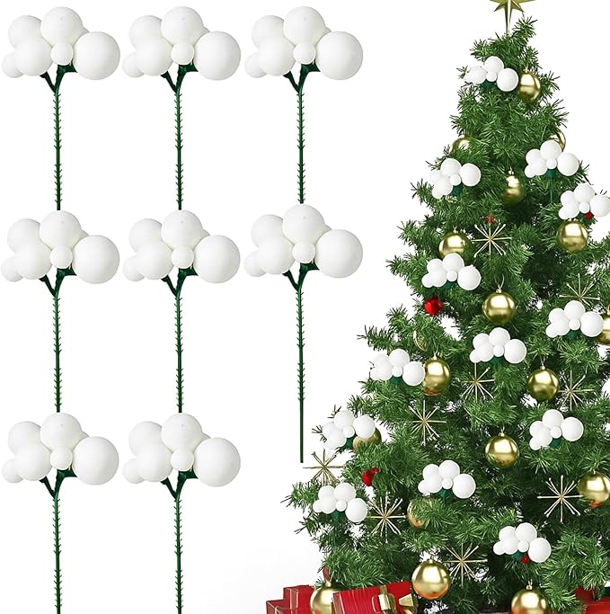 8 Pcs White Christmas Tree Picks 7.87 Inch Christmas Balls Ornaments Xmas Hanging Decorations for Xmas Tree Topper DIY Wreath Holiday Floral Vase Fillers Crafts Home Decor