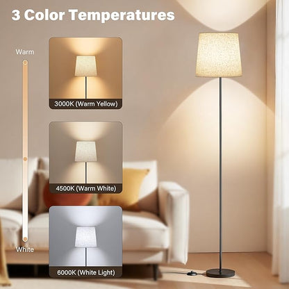 Floor Lamp with Linen Shade - 62" Tall LED Standing Lamp with Foot Switch, 3 Color Temps, 9W E26 Bulb Included, Black Floor Reading Light Corner Lamp for Living Room Bedroom Office Dorm