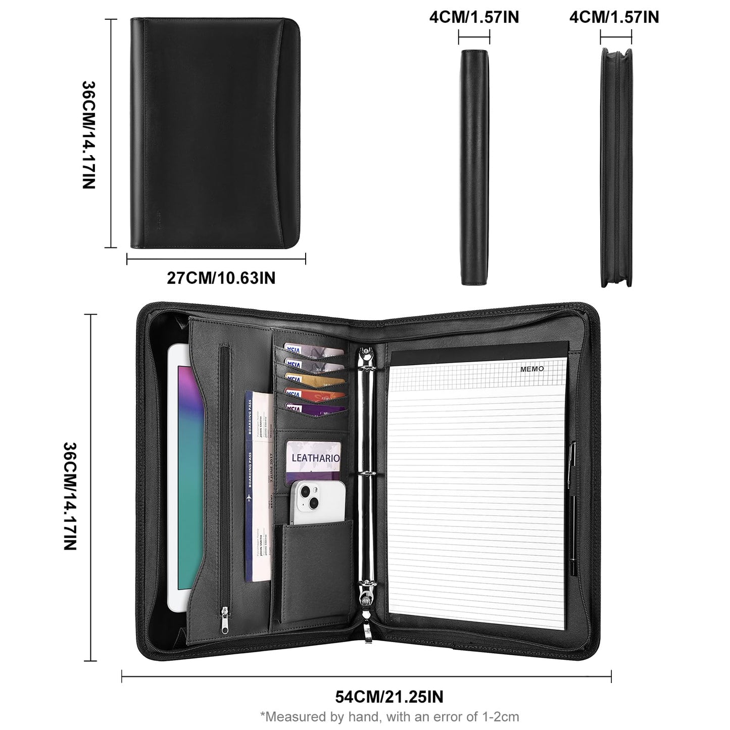 Leathario Portfolio Binder, Includes 10 Sheet Protectors and 3 Notepads, 3-Ring Folder Organizer, A4 Padfolio with Zipper, Vegan Leather Tablet Sleeve, Business Office Conference Clipboards