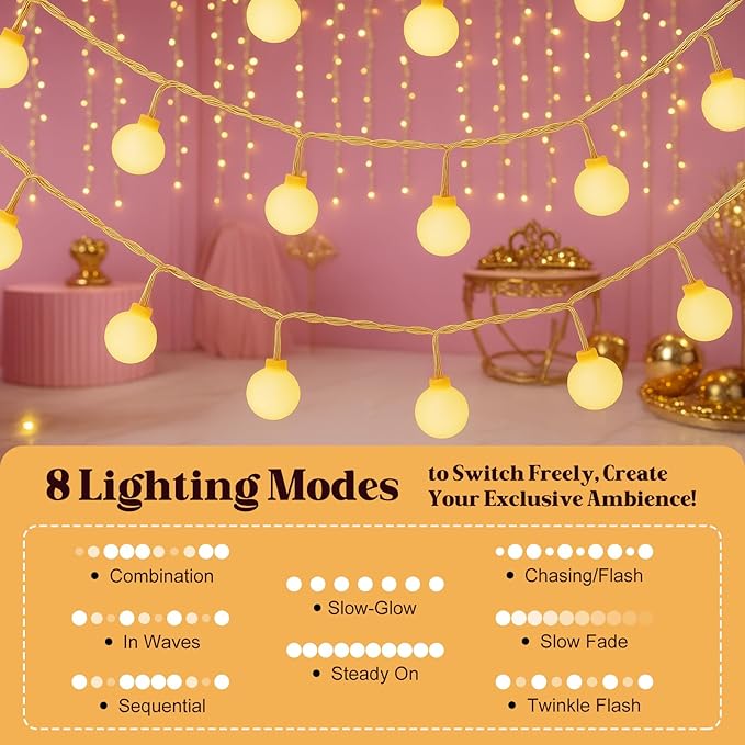 200 LED Hanging String Lights – 66ft Plug in Fairy Lights with 8 Modes,Warm White String Lights for Bedroom, Connectable Globe Lights for Classroom, Dorm, Patio, Party & Christmas Decor