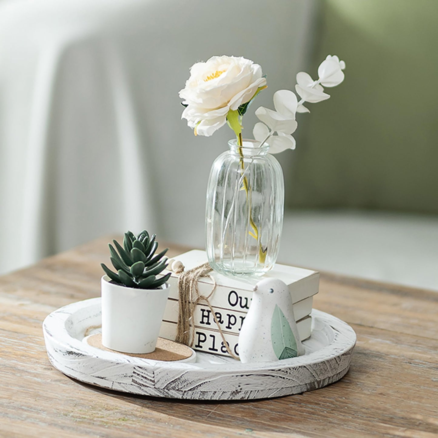 Hanobe Candle Plate Holder Tray: Round Wood Decorative Candle Plate - Rustic Farmhouse CoffeeTable Decor - Tealight Pillar Trays for Home Decor (White Rustic)
