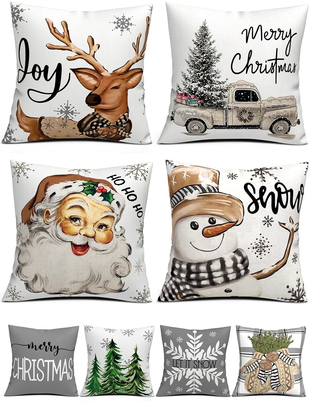 multiwins Christmas Decorations Set of 4 Double-Sided Print Christmas Pillow Covers 20" x 20", with 8 Cute Patterns, Throw Pillow Covers Perfect for Home Christmas Decor
