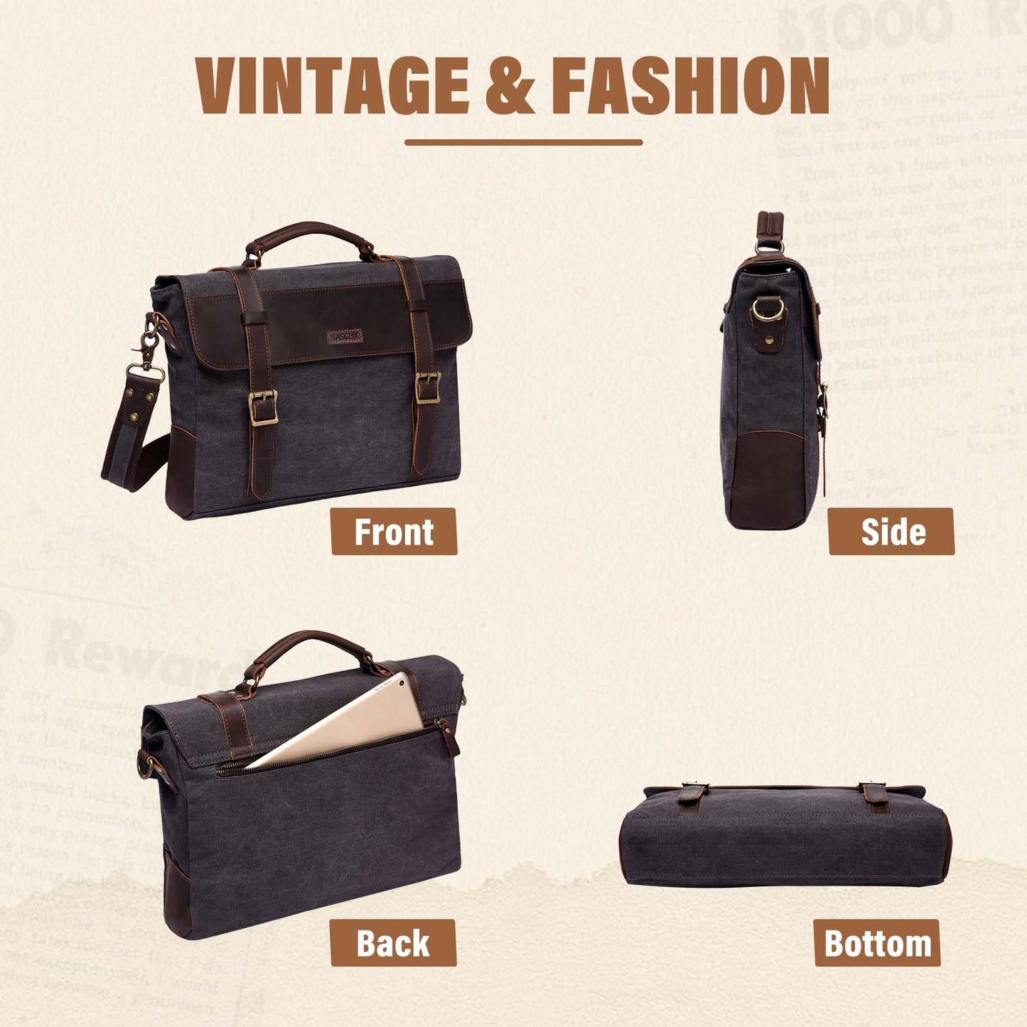VASCHY Vintage Canvas Leather Messenger Bag School Shoulder Bag Business Briefcase Satchel Gray