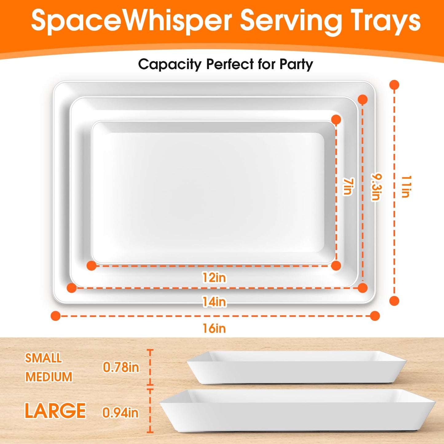 SpaceWhisper 3 Pack Serving Tray, White Rectangular Appetizer Platters for Party, Catering, Buffet, Large Reusable Serving Dishes for Snacks, Fruit, Dessert, 3 Size Set 16 * 11", 14 * 9", 12 * 7"