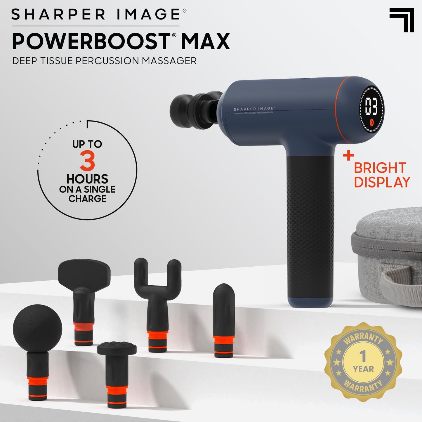 Sharper Image Powerboost Massage Gun – Deep Tissue Percussion Massager| 5 Attachments, 6 Speed| Shoulder Back Leg Muscle Recovery & Pain Relief Massage Tool| Massager Gun| Men & Women Gift