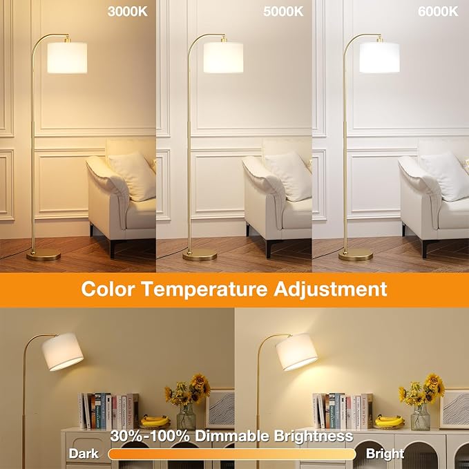 Arc Floor Lamp with Remote and Stepless Dimmable Bulb, Colors Temperature & Brightness Adjustable, Floor Lamps for Living Room（White Shade & Gold Pole）