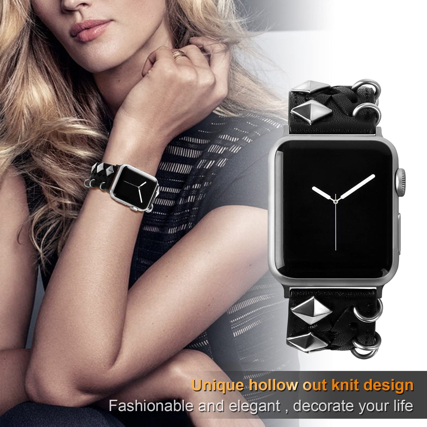 VIQIV Leather Band Compatible with Apple Watch Ultra Band 44mm 45mm 49mm 42mm for Women Men, Hollow-out Woven Rivets Bracelet Designer Wristbands Smartwatch Strap for iWatch Series SE 8 7 6 5 4 3 2