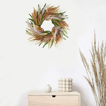 20" Fall Wreaths for Front Door with Green Brown Foliage Grain Ear Wheat and Pampas Grass – Boho Thanksgiving Harvest Wreath, Front Door Porch Decor.