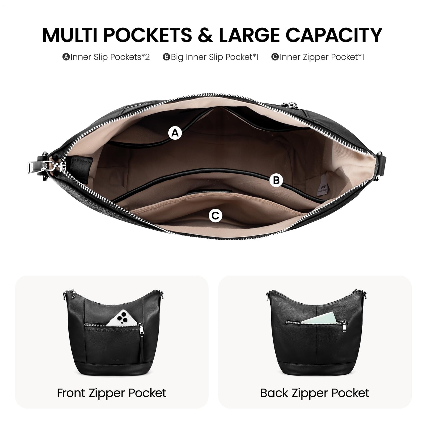 befen Black Leather Purse for Women Trendy, Womens Medium Genuine Leather Hobo Purse, 2026 Crossbody Shoulder Handbags for Women Lightweight