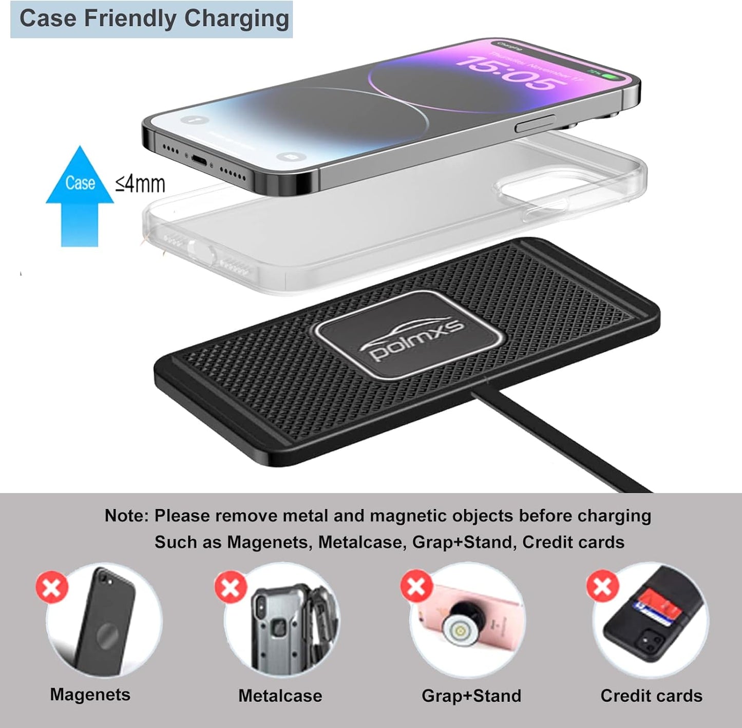 Wireless Charger Car Charging pad,POLMXS 15W Fast Wireless Phone Charger Non Slip Cell Phone Flat Charging mat Compatible with iPhone 11/12/12/14/15 Galaxy S21/S22/S23/24 NOTE10 (30cm Cable)(C2Y)