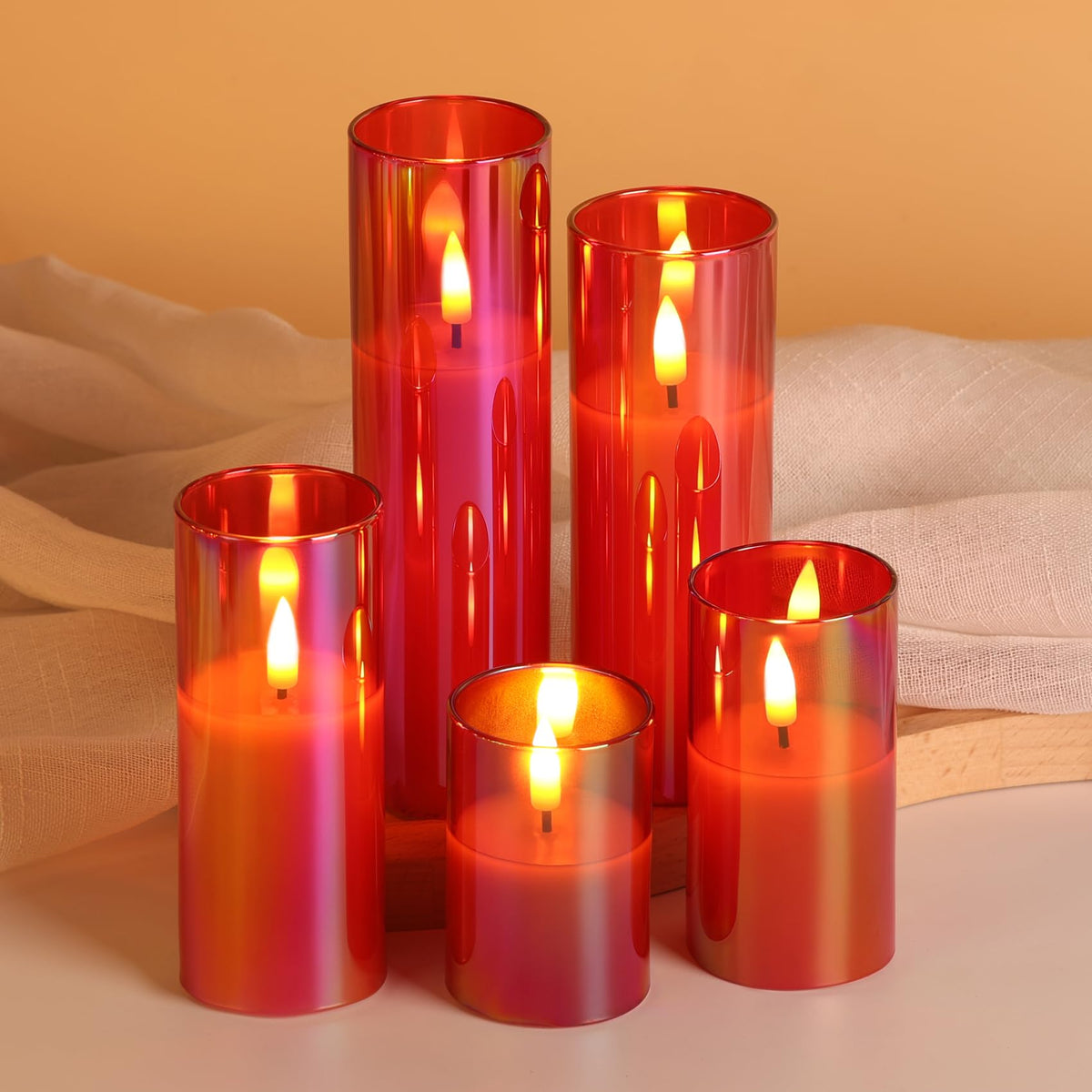 Girimax Red Glass Flameless Candles with Remote Batteries, Flickering Christmas LED Pillar Candles Set of 5