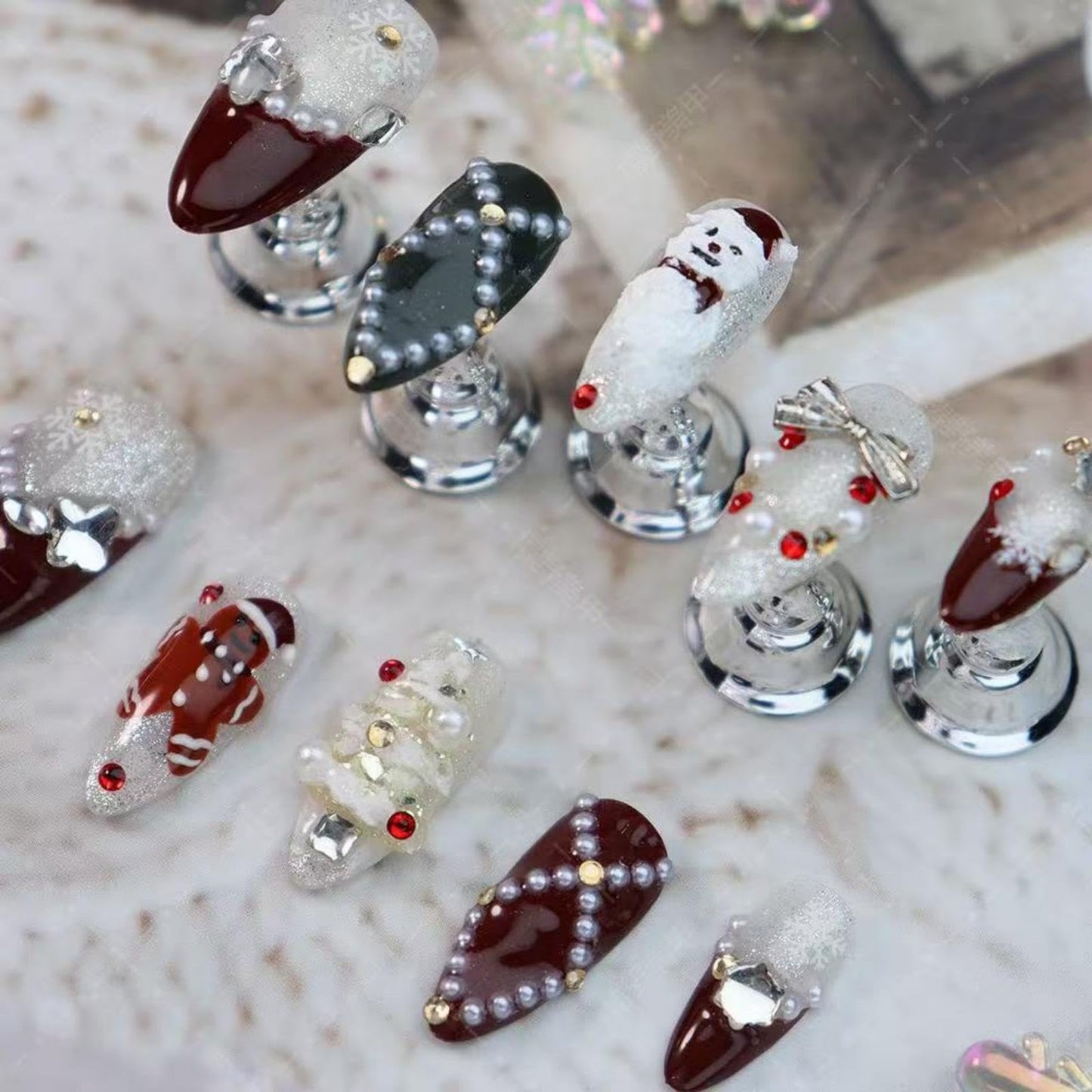 100% Handmade Press on Nails Christmas Press on Nails Medium Almond Shape Dark Red French Tips Snowman Design Rhinestones Christmas Tree Gingerbread Man Wintner Xmas Nails for Women Size M