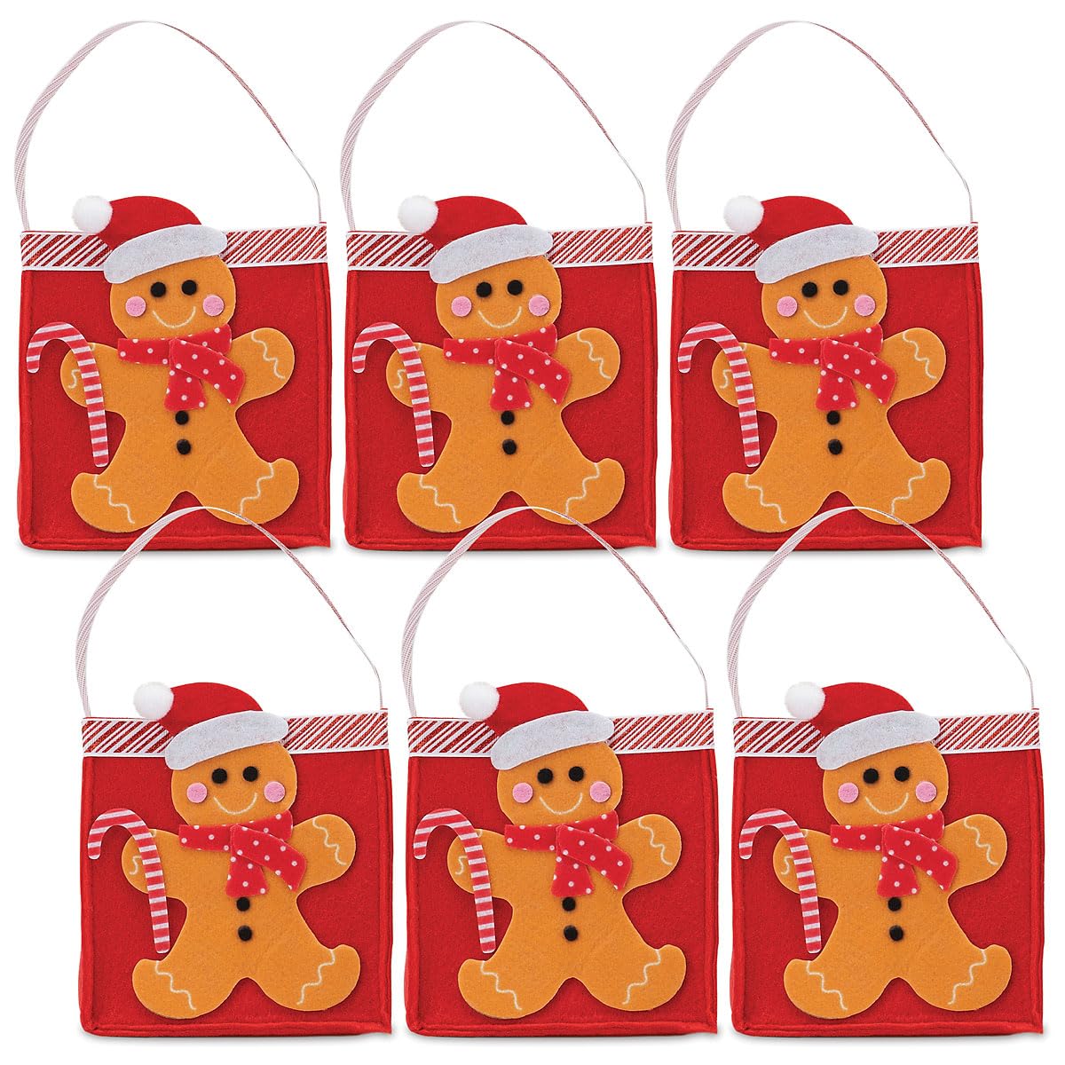 Current Gingerbread Man Christmas Treat Bags, Set of 6, 5.25" Tall Felt Gift Bags for Children, Holiday Parties, Teachers, and Decorations