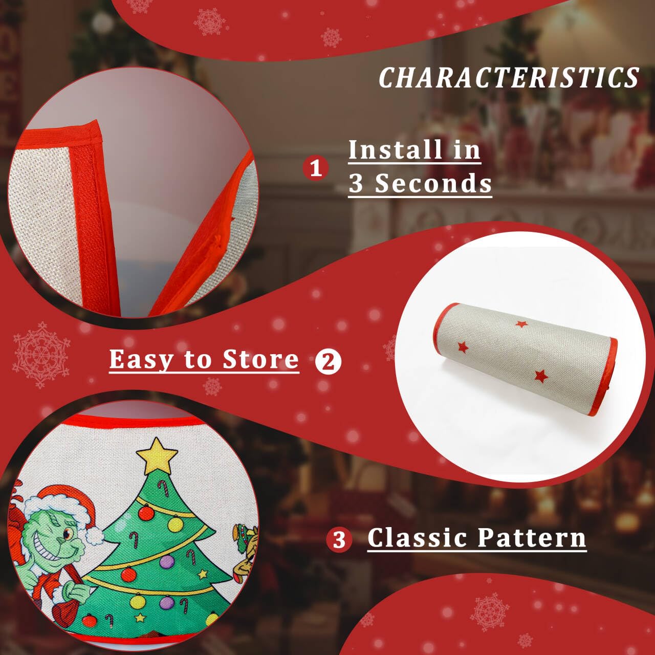 Christmas Tree Collar, 24" Christmas Tree Base Cover with Classic Pattern, Xmas Tree Decorations for Home Indoor, Linen (White)