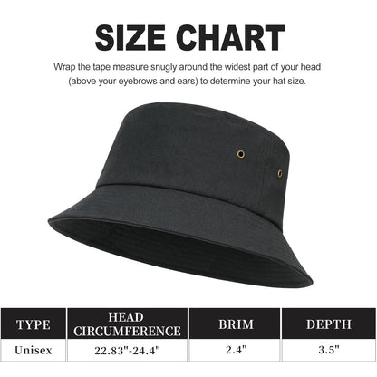 BOTVELA Men Cotton Bucket Hats Foldable Outdoor Sun Hat Unisex Flat Top Caps (Black, 7 3/4)