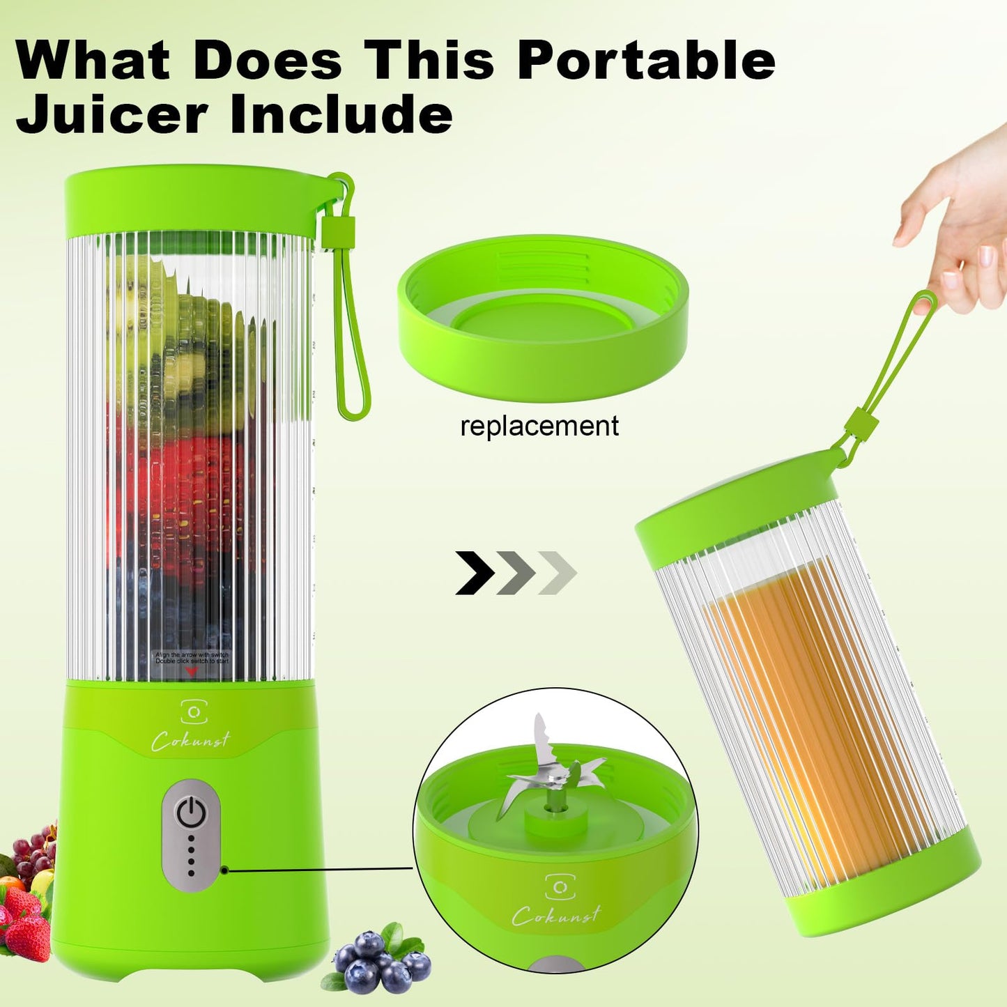 COKUNST 18oz Portable Blender, USB Rechargeable Personal Size Blenders, Smoothie Blender with 6 Blades for Protein & Shakes, Mini juicer with Extra Handle Lid for Travel Sports Outgoing