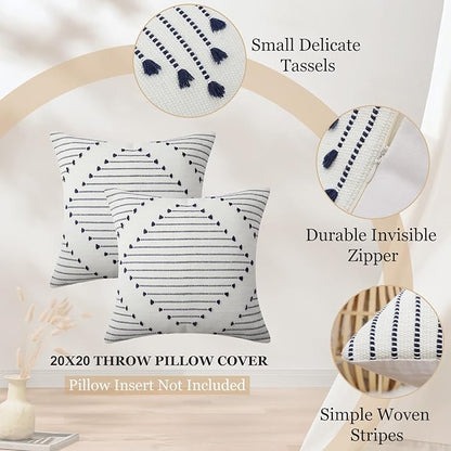 Mecatny Boho Outdoor Throw Pillow Covers 20X20 Set of 2, Farmhouse Decorative Pillow Covers for Couch Sofa Living Room, Navy & Cream White