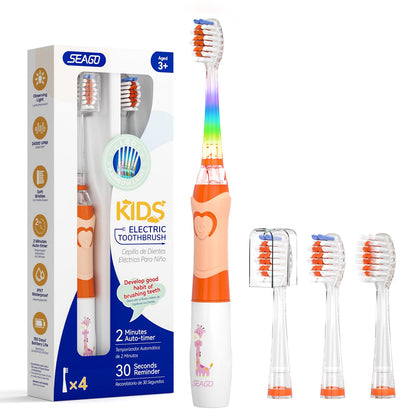 SEAGO Kids Electric Toothbrush with 2 Mins Brushing Timer and 4 Replacement Bursh Heads, Rainbow LED Light Make Brushing Fun, Boys Battery Powerd Toothbrush for 4-12 Years Old，SG-977 (Light Blue)