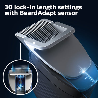 Norelco Philips Beard Trimmer 7000 Series, 100% Waterproof Trimmer for Men, 40 Lock-in Hair Length Settings, BeardSense Power Adaptability, Detail & T-Blade Trimmer Heads, Charging Stand, BT7670/40