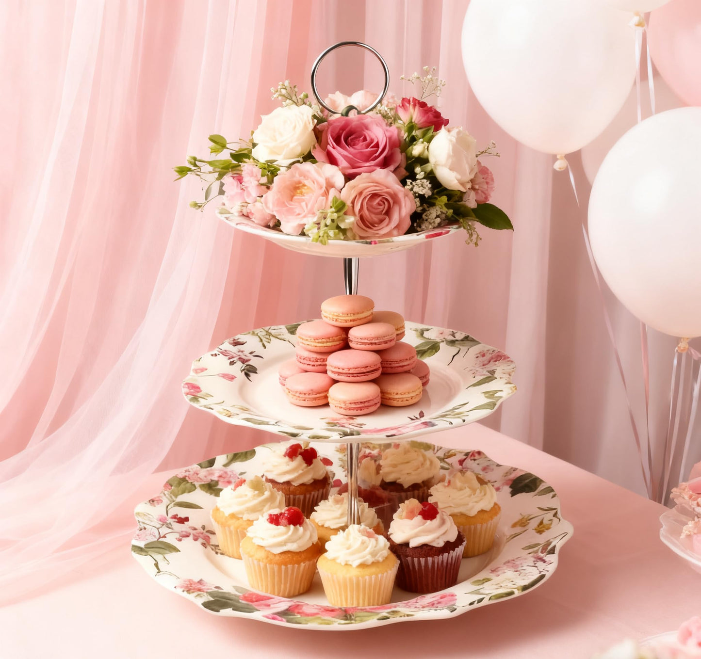 3-Tier 13.5 Inches Big Round White Porcelain Cakes Fruit Stand Plates, Cupcakes Serving Display Set, Ceramic Pastry Dessert Appetizer Candy Buffet Tray Towers Platter for Wedding Home Party - Flowers