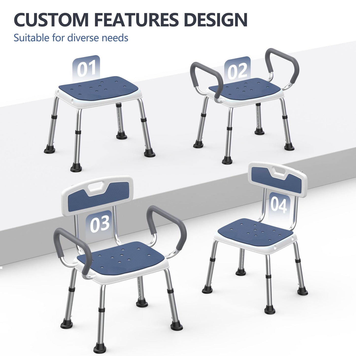 Lemagalu Shower Chair for Elderly and Disabled (450 lbs) Adjustable Height Shower Seat for Inside Shower with Padded Wide Arms & Back, Heavy Duty Medical Bathtub Stool for Women Seniors Handicap