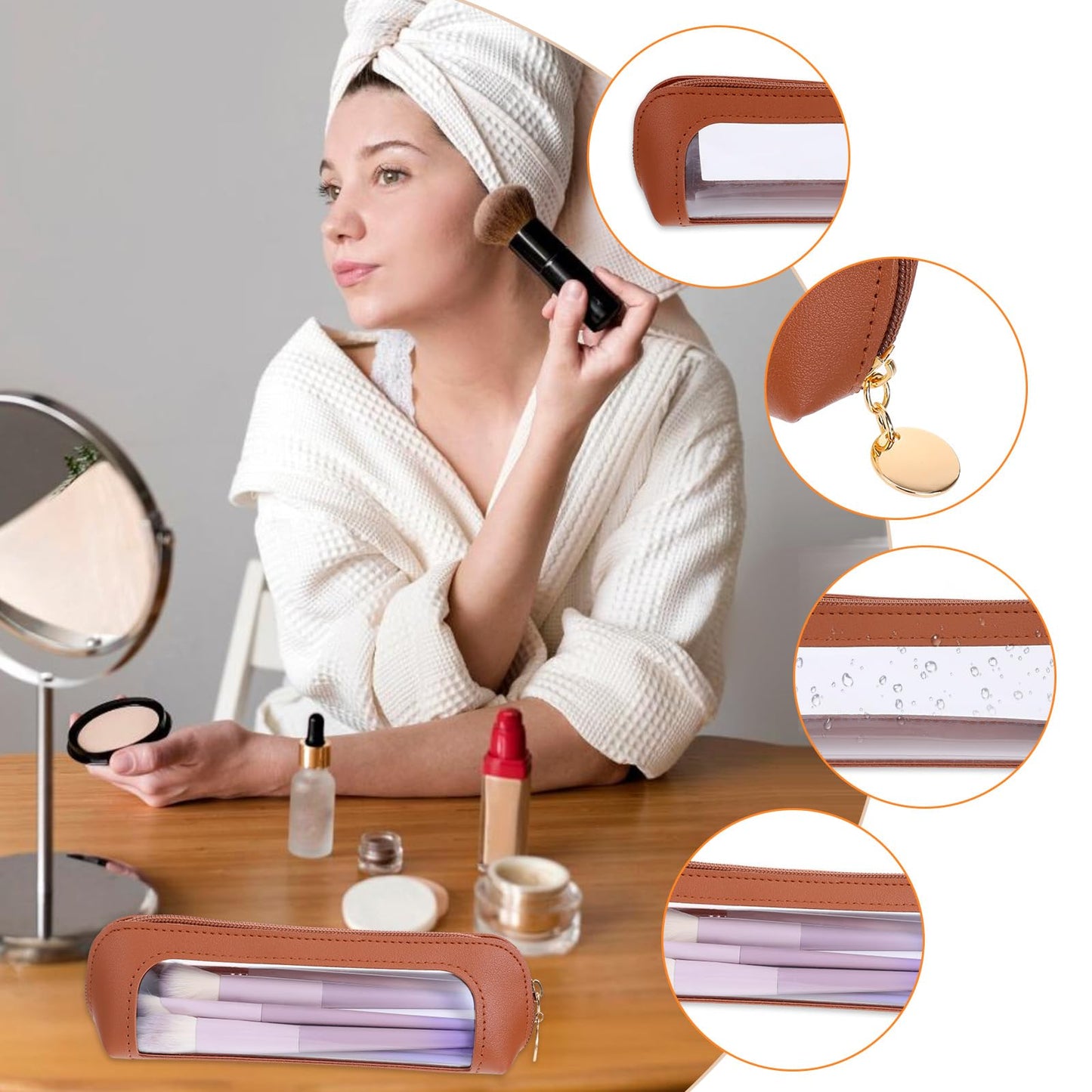 Small Clear Makeup Pouch, PU Leather Makeup Brush Bag Portable Travel Mini Cosmetic Bag Transparent Waterproof Organizer Pouch with Zipper for Women Home Travel Office Cosmetic Storage (Brown)