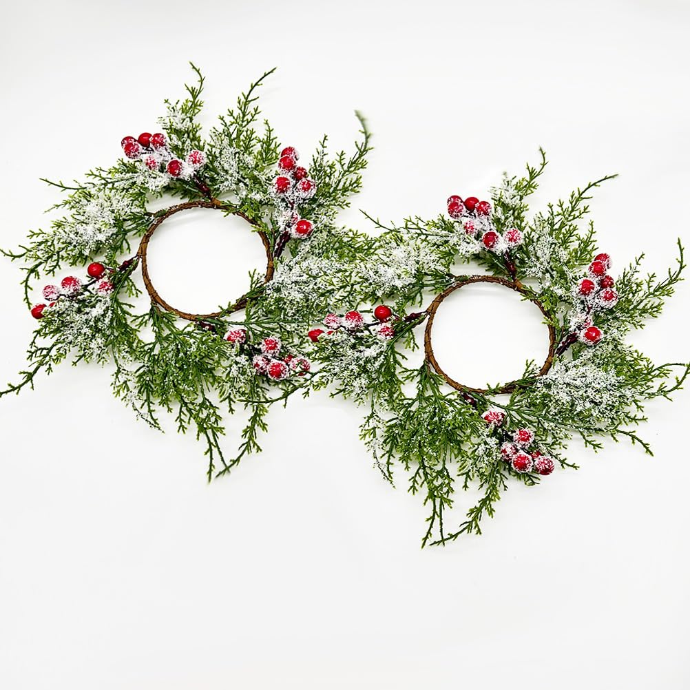 Small Christmas Wreath Candle Rings Artificial Cedar Cypress Wreaths with Red Berries, Candle Holders for Holiday Table Centerpiece Decor (Candle Rings 04)