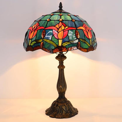 Tiffany Lamp Stained Glass Table Lamp Bedside Reading Light W12H19 Inches (Tulip Style)