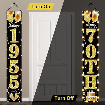 70th Birthday Decorations Lighted Banner for Men and Women - Black Gold Vintage 1955 70th Birthday Door Banners with LED Light, Seventy Years Bday Party Supplies for Indoor Outdoor Decor