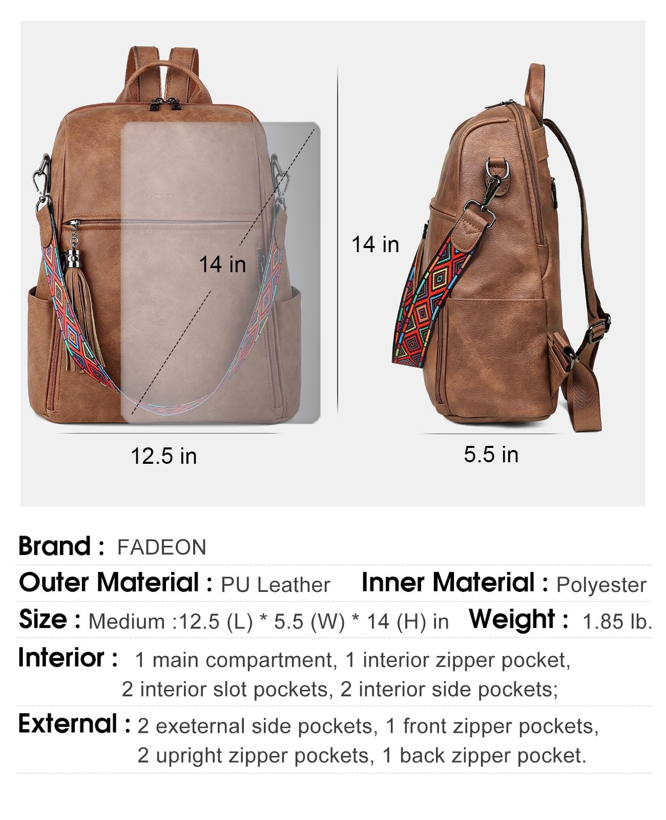 FADEON Leather Backpack Purse for Women Designer Travel Backpack Purses PU Fashion Ladies Shoulder Bag with Tassel Brown