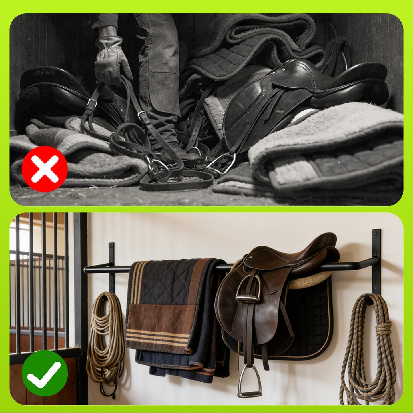 Zwinz 4Pcs Heavy Duty Horse Blanket Rack with Bridle Hooks, Wall Mounted Assembled Blanket Bar, Saddle Pad Rack for Horse Tack Storage, Black
