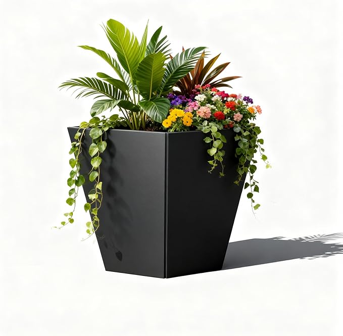 Metal Planter Box, 20" x 20"x 22", Heavy-Duty Galvanized Steel Outdoor Planter with Drainage Holes, Rectangular Planter for porches, Gardens, patios, and courtyards，Black