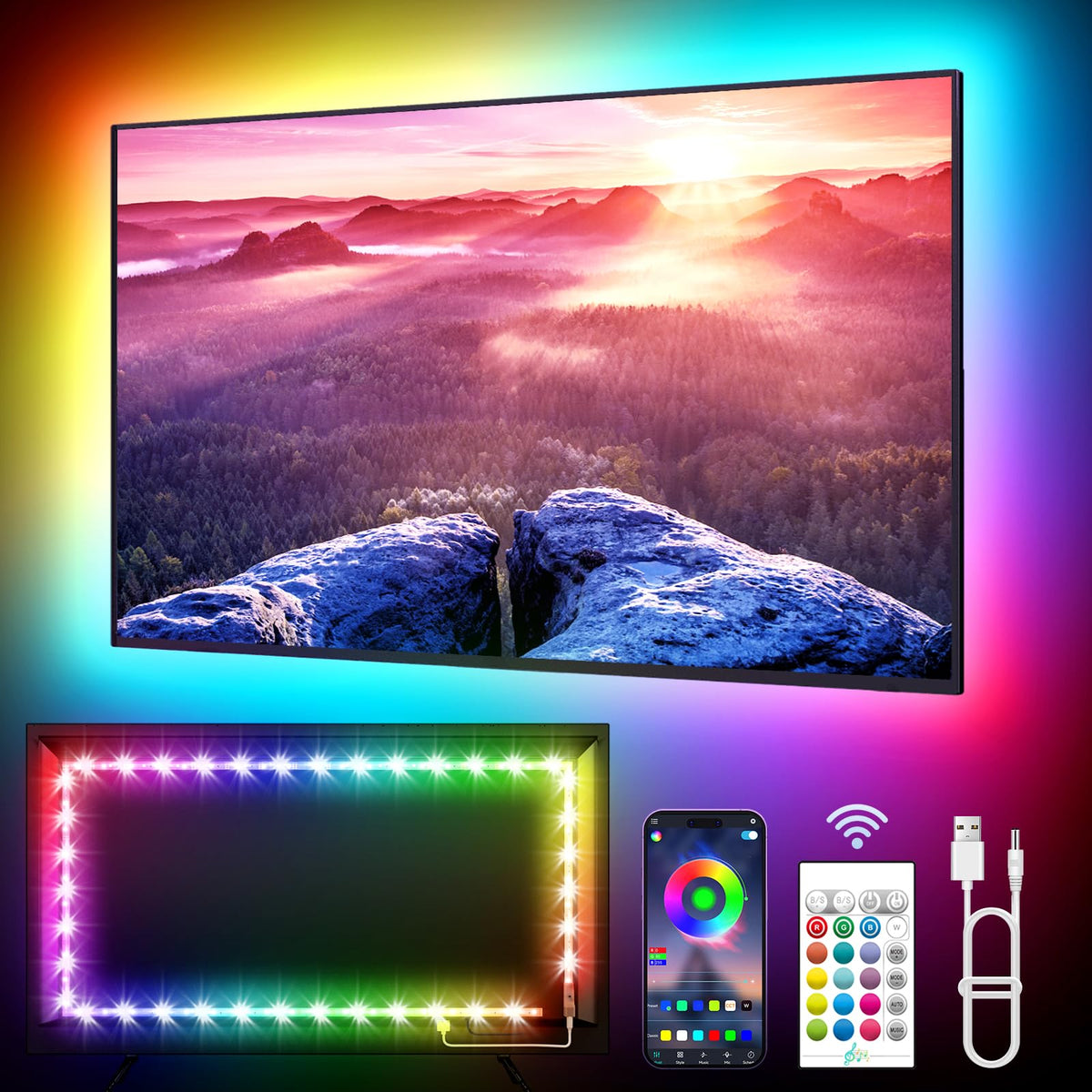KANTUTOE LED Lights for TV, 23ft Backlights for 75-100in TV, RGB Backlight with Music Sync Bluetooth APP and Remote Control, USB Powered LED Strip for Bedroom Home Decor
