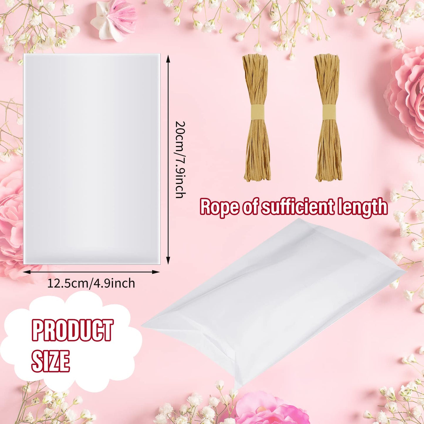 Tudomro 100 Pcs Clear Flat Cellophane Soap Bags for Packaging 4.9'' x 7.9'' Small Mini Soap Cookie Candy Wrappers Bags with Raffia Rope for Wedding Christmas Craft Gift Birthday Party Favor Supplies