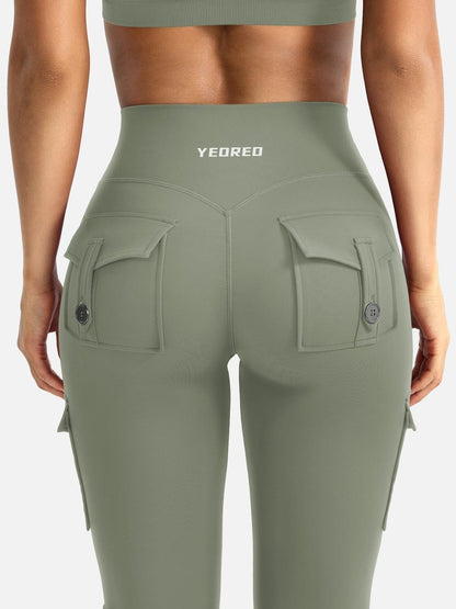YEOREO CoreFlex Women Workout Flare Leggings with Pockets Hidden Scrunch High Waisted Cargo Gym Yoga Leggings Light Army Green M