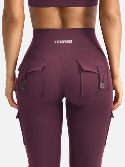YEOREO CoreFlex Women Workout Flare Leggings with Pockets Hidden Scrunch High Waisted Cargo Gym Yoga No Front Seam Leggings Black Cherry L