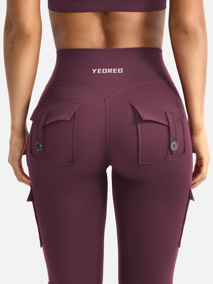 YEOREO CoreFlex Women Workout Flare Leggings with Pockets Hidden Scrunch High Waisted Cargo Gym Yoga Leggings Dark Cherry L