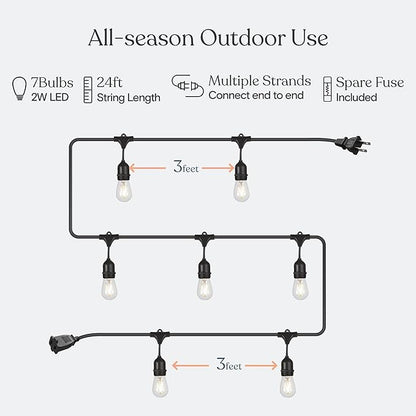 Brightech Ambience Pro - Waterproof LED Outdoor String Lights - 7 Hanging, Dimmable 2W Vintage Edison Bulbs - 24 Ft Commercial Grade Patio Lights Create Cafe Ambience in Your Backyard