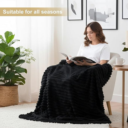 decorUhome Soft Fleece Black Blanket King Size for Bed, Cozy Fluffy Plush Flannel Large Striped Throws for Couch Sofa, Lightweight Decorative Fuzzy Blanket for Woman, 108x90 Inches