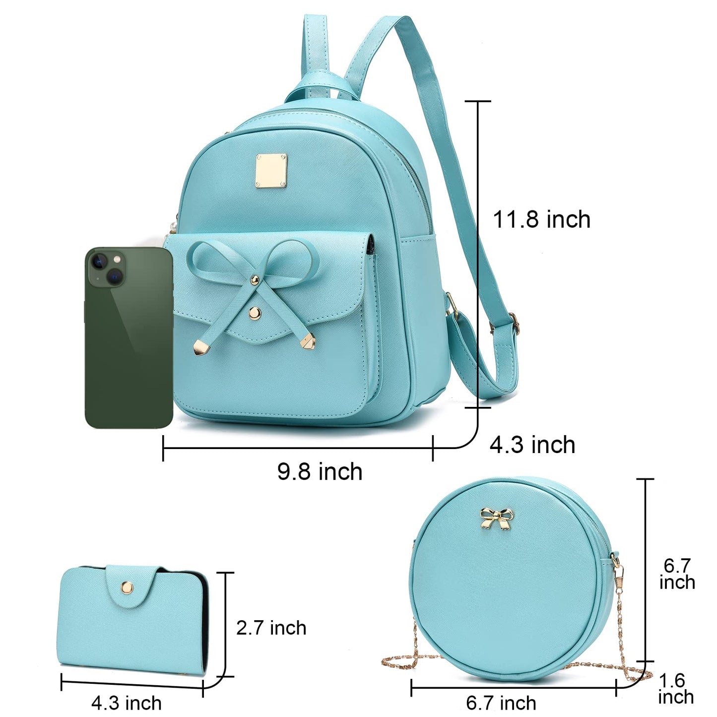 I IHAYNER Girls Bowknot 3-Pieces Fahsion Leather Backpack Backpack Purse for Women Rucksack for Ladies Shoulder Bag Pearl Blue