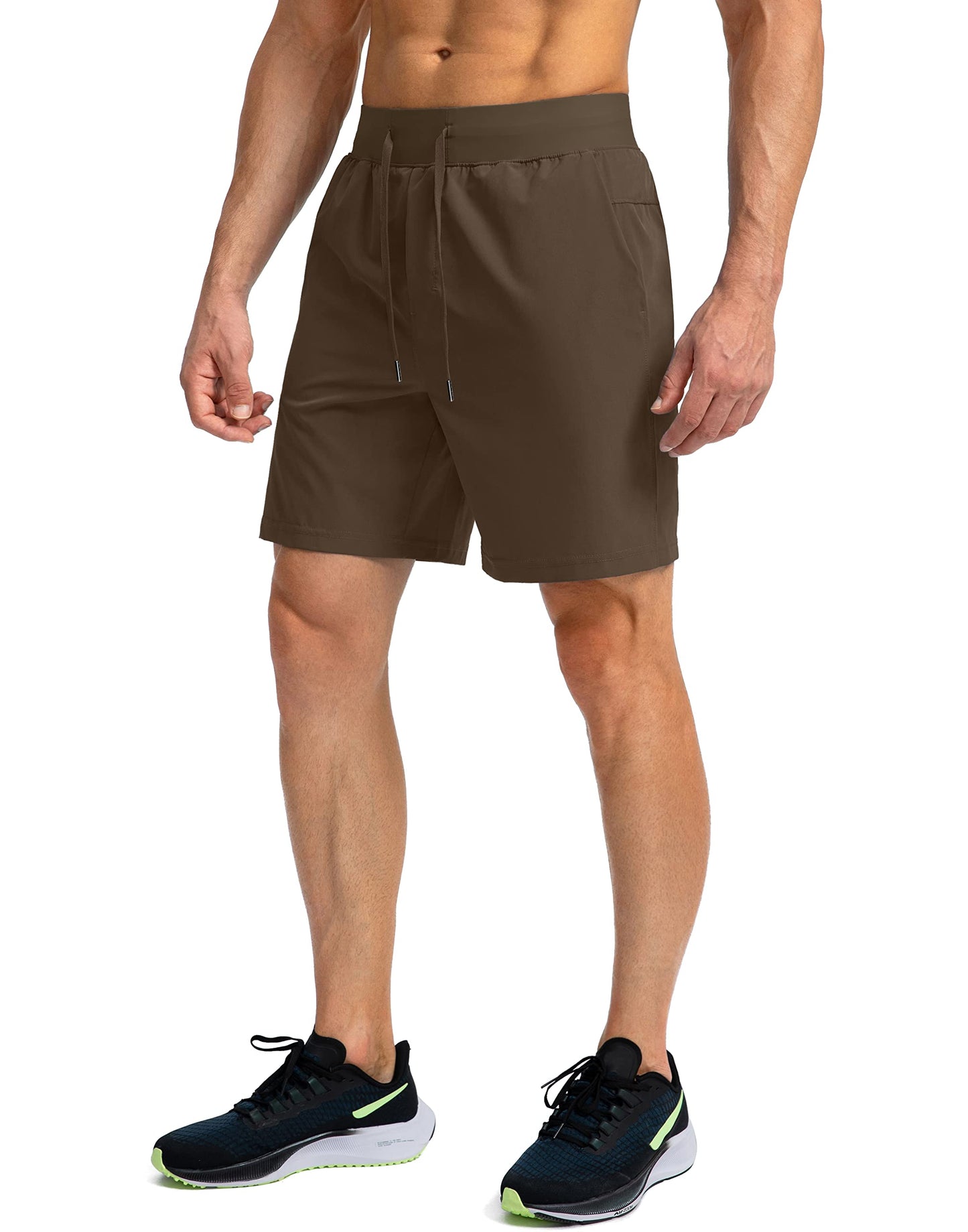 Soothfeel Men's Running Shorts with Zipper Pockets 7 Inch Lightweight Quick Dry Gym Athletic Workout Shorts for Men (Brown, XXL)
