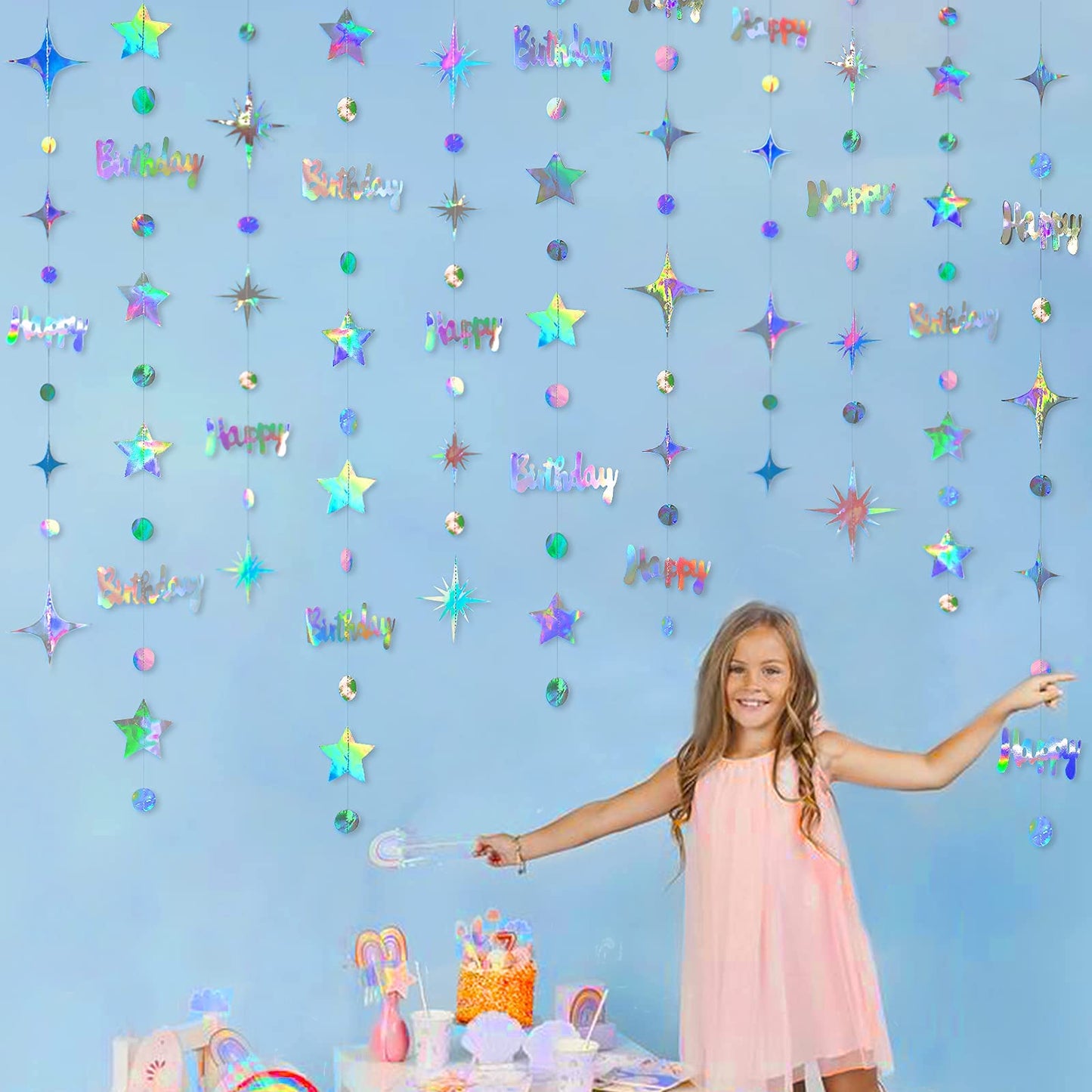 Iridescent Happy Birthday Decorations Happy Birthday Circle Dot Twinkle Star Garland Kit Metallic Holographic Hanging Streamer Bunting Banner Backdrop for Women Mens Kids Birday Party Supplies