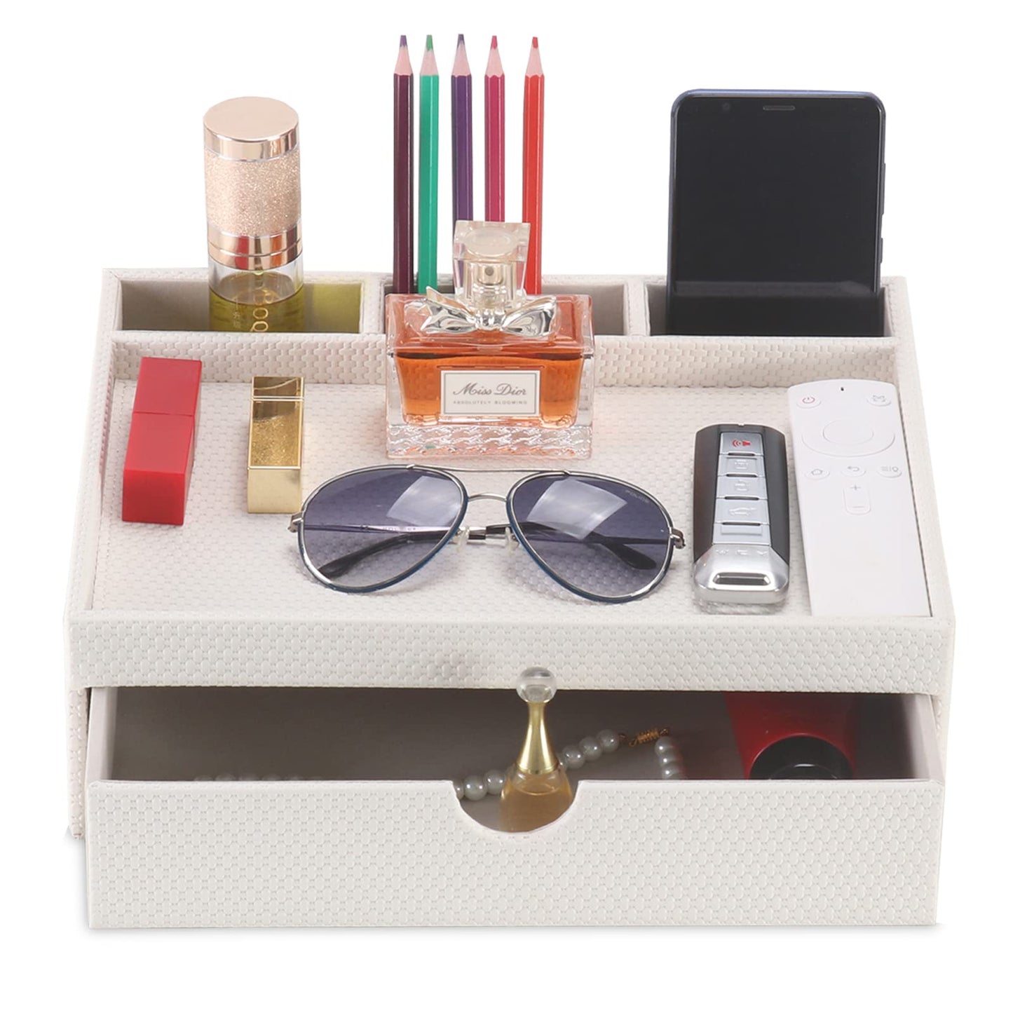 SYRWDXTX Leather Desk Organizer With Drawers, Home Cosmetics & Phone Remote Organizer, Drawer Plus Divider & Tray (white)