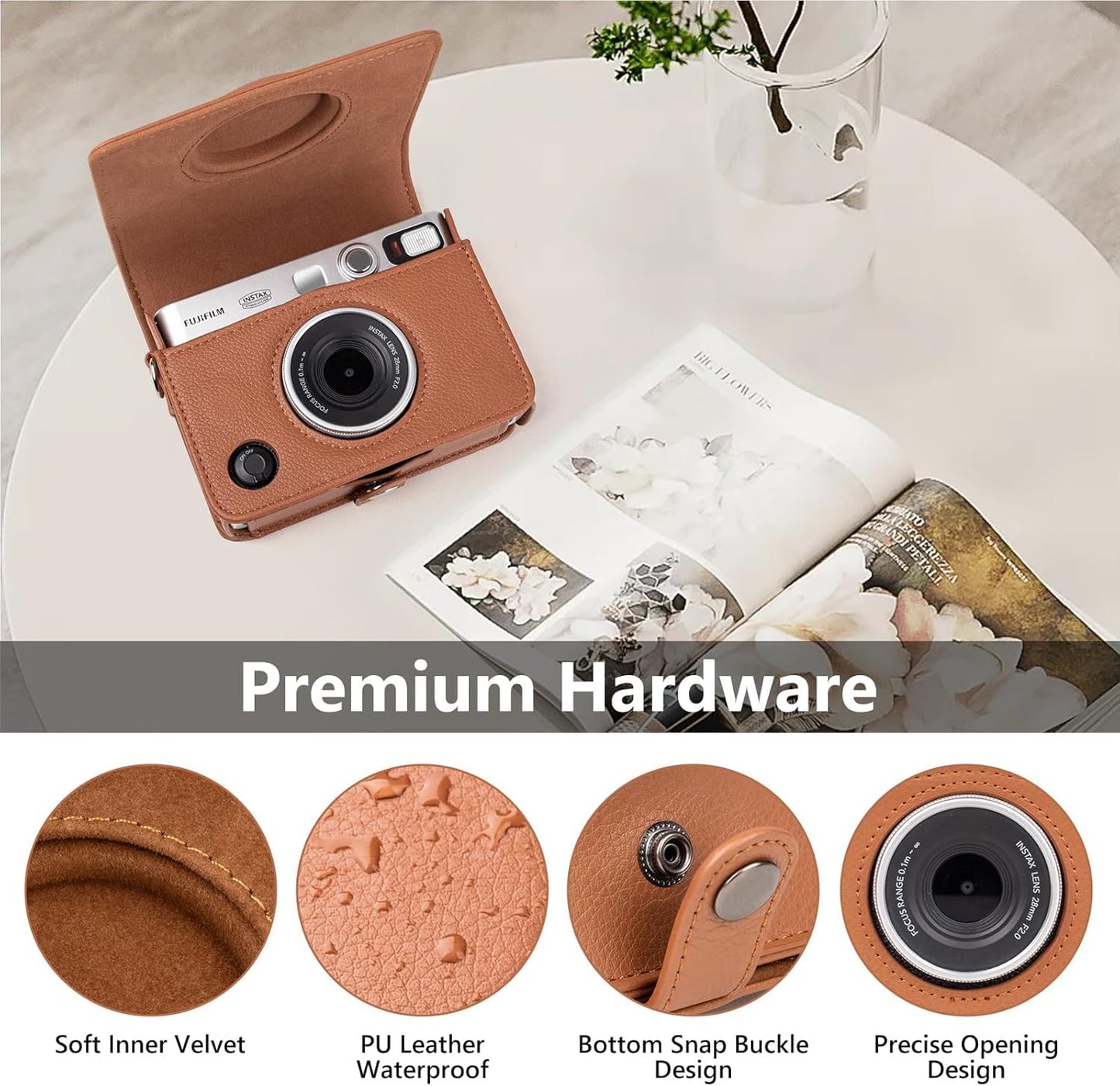MUZIRI KINOKOO Instax Mini EVO Case with Photo Print Slot Lychee-Grain PU Leather Fuji Mini EVO Camera bag with Adjustable Shoulder Strap&Precise Charging Port&Detachable Protective Cover-Brown
