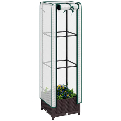 Outsunny Plastic Raised Garden Bed with Trellis, Outdoor Planter Box with PE Greenhouse Cover, Drainage Holes and Zipper Door for Climbing Plants, Herbs and Vegetables, 15.7" x 15.7" x 48.8", Brown