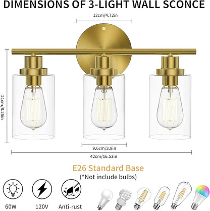 GORDNWE Modern Vanity Light Fixtures, 3 Light Brushed Gold, E26 Bulb Base, Farmhouse Style Over Mirror Lighting